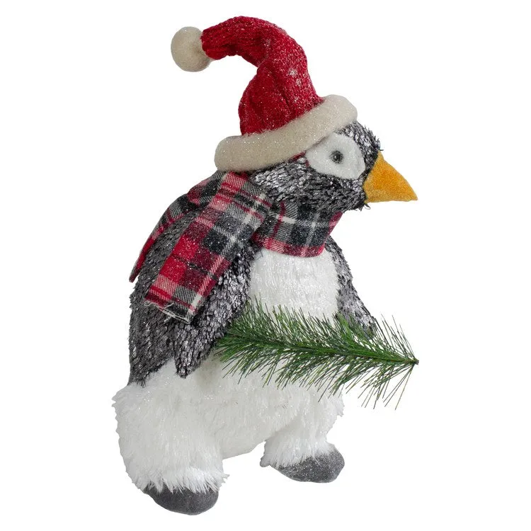 13" Plush Penguin with Pine Branch Christmas Figurine