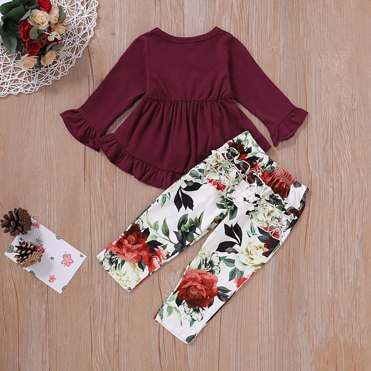2-piece Ruffle Crimson Romper and Floral Pants