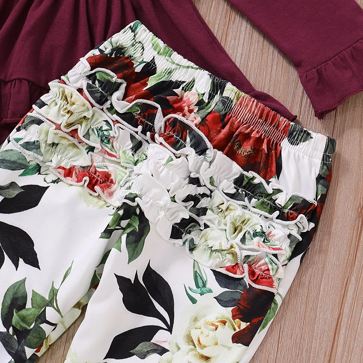 2-piece Ruffle Crimson Romper and Floral Pants