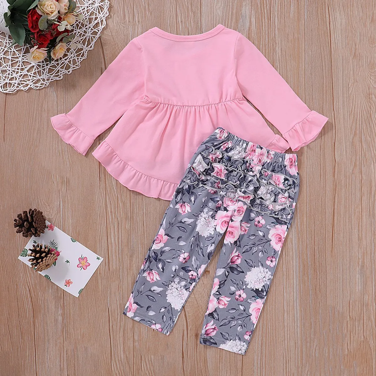 2-piece Ruffle Crimson Romper and Floral Pants