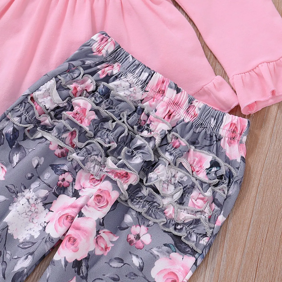 2-piece Ruffle Crimson Romper and Floral Pants