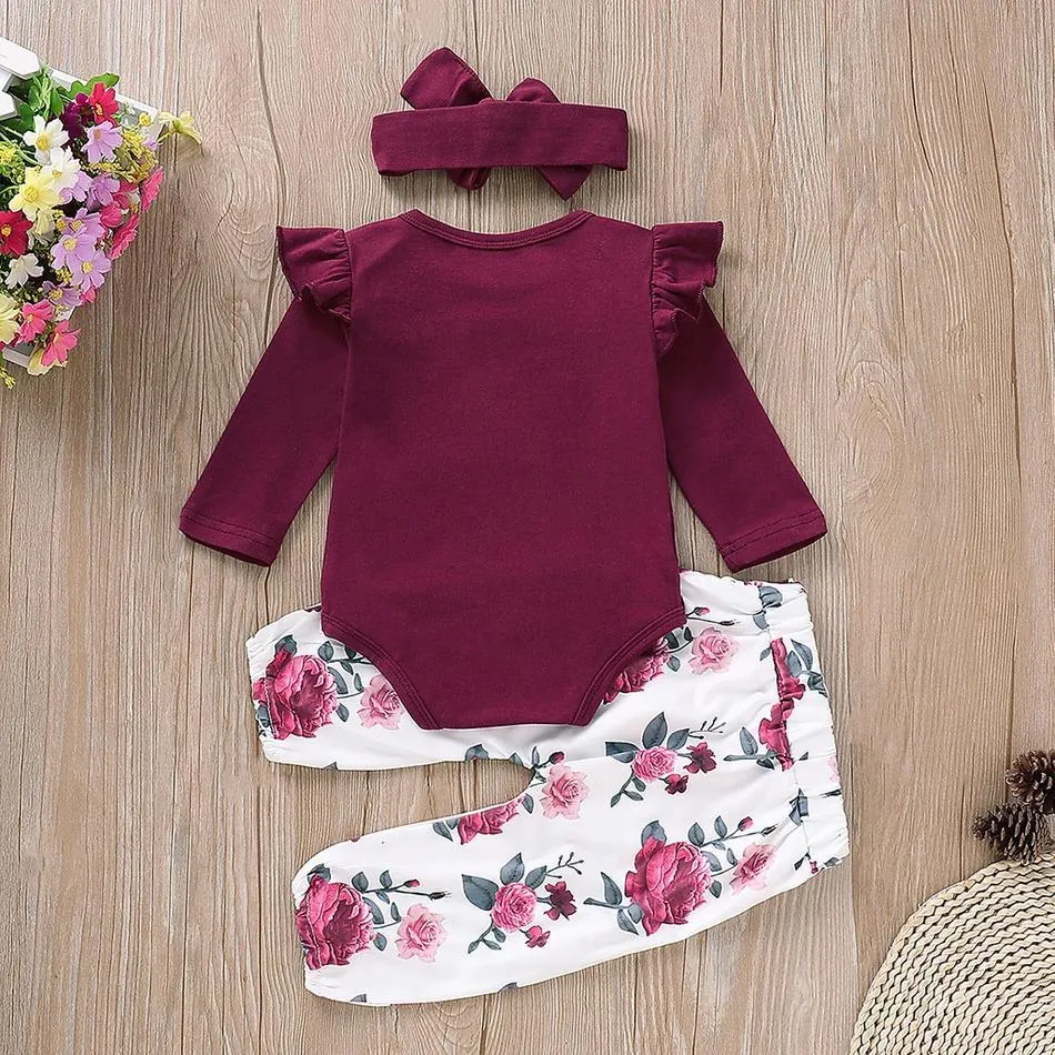 3-piece Ruffle Crimson Romper and Floral Pants with Headband Set