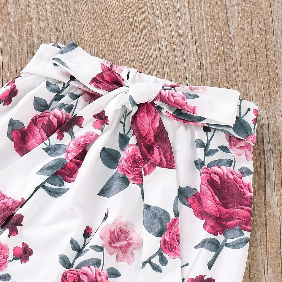 3-piece Ruffle Crimson Romper and Floral Pants with Headband Set