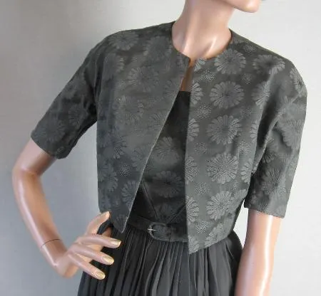 50s Party Dress Outfit with Bolero 60s Vintage Full Skirt Dress Black Brocade Chiffon L'Aiglon Small VFG