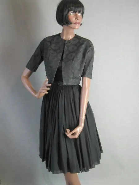50s Party Dress Outfit with Bolero 60s Vintage Full Skirt Dress Black Brocade Chiffon L'Aiglon Small VFG