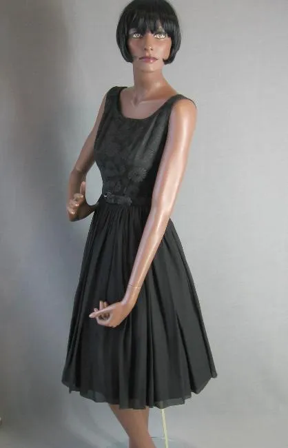 50s Party Dress Outfit with Bolero 60s Vintage Full Skirt Dress Black Brocade Chiffon L'Aiglon Small VFG