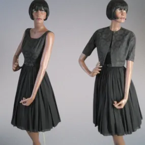 50s Party Dress Outfit with Bolero 60s Vintage Full Skirt Dress Black Brocade Chiffon L'Aiglon Small VFG