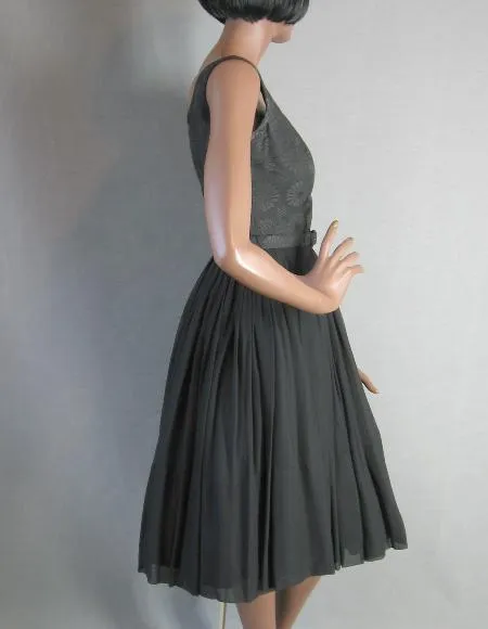 50s Party Dress Outfit with Bolero 60s Vintage Full Skirt Dress Black Brocade Chiffon L'Aiglon Small VFG