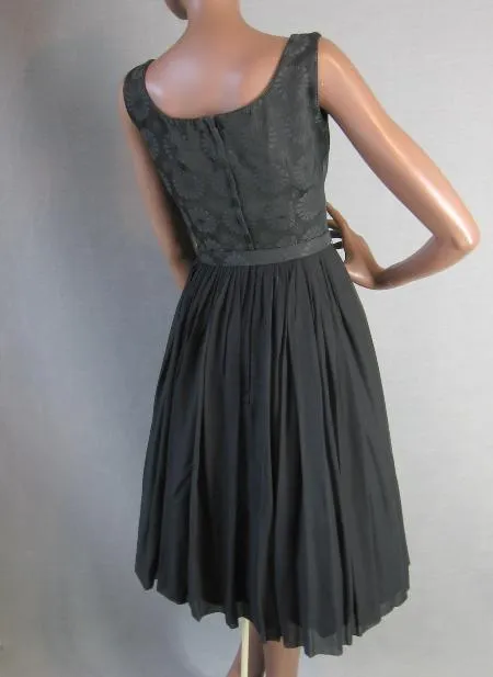 50s Party Dress Outfit with Bolero 60s Vintage Full Skirt Dress Black Brocade Chiffon L'Aiglon Small VFG