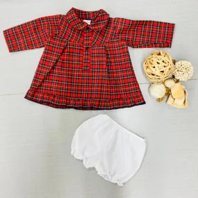 Baby C girls red tartan dress with white pants XMAS