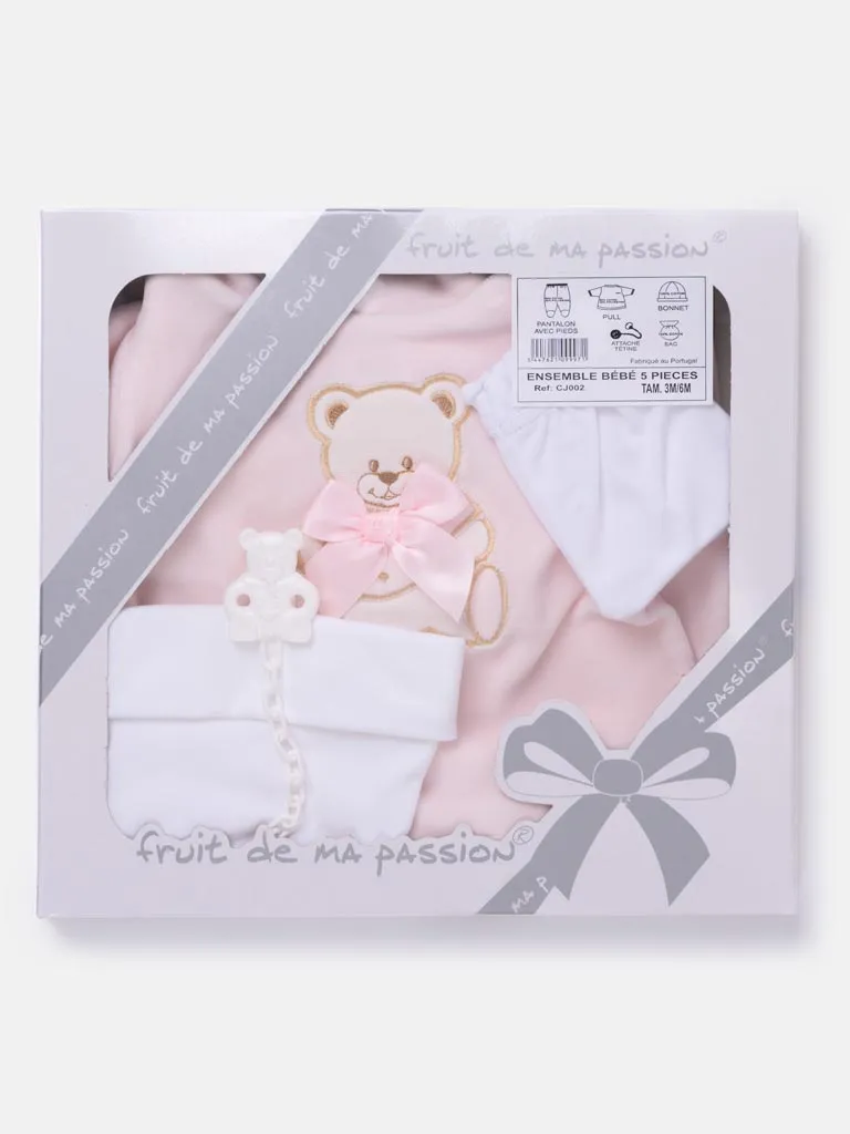 Baby Girl 5-piece Teddy Gift Box Set - Light Baby Pink