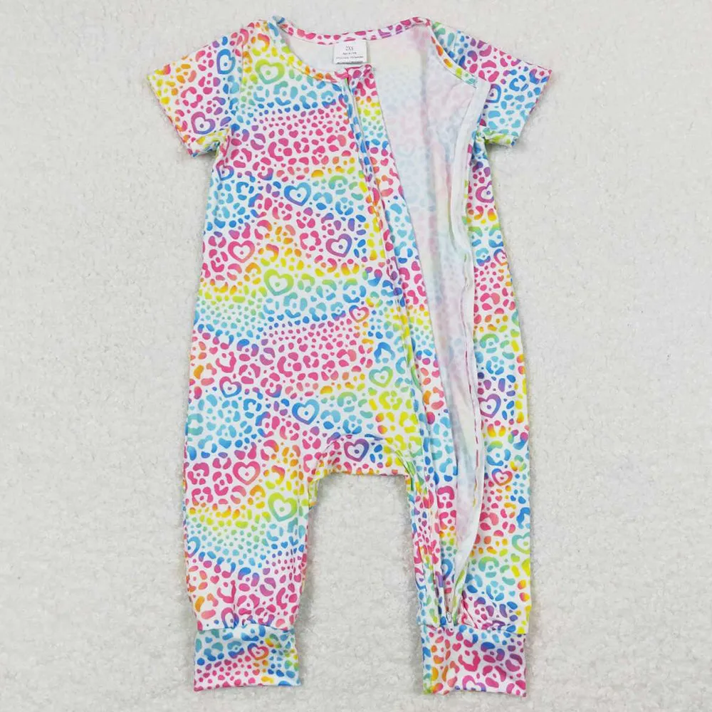 Baby Infant Girls Romper Colorful Leopard Zip Short Sleeve Rompers SR0977