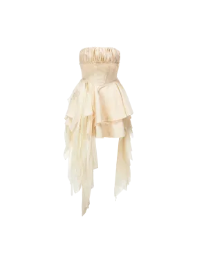 Beige Fold Pleated Strapless Short Dress