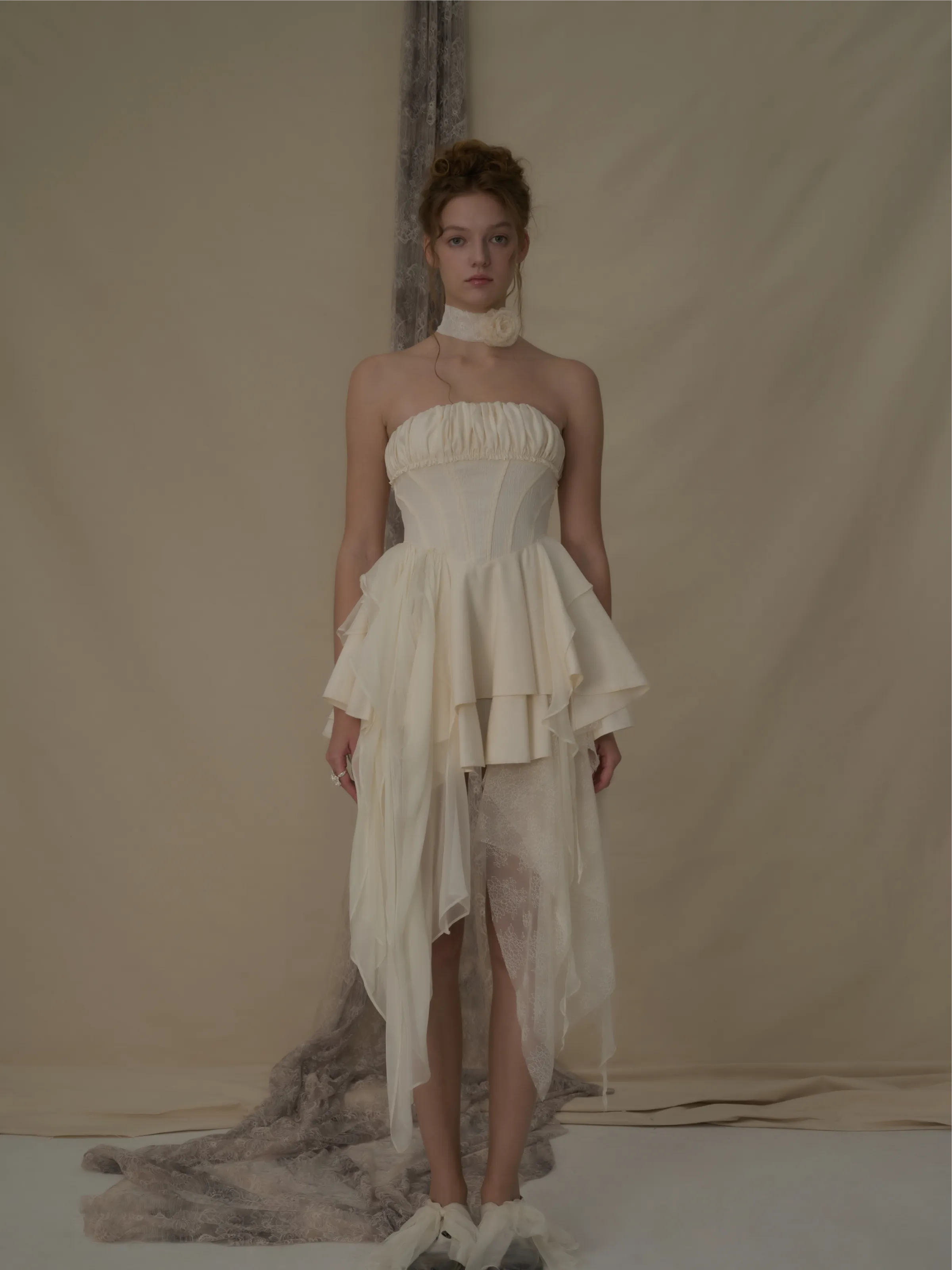 Beige Fold Pleated Strapless Short Dress