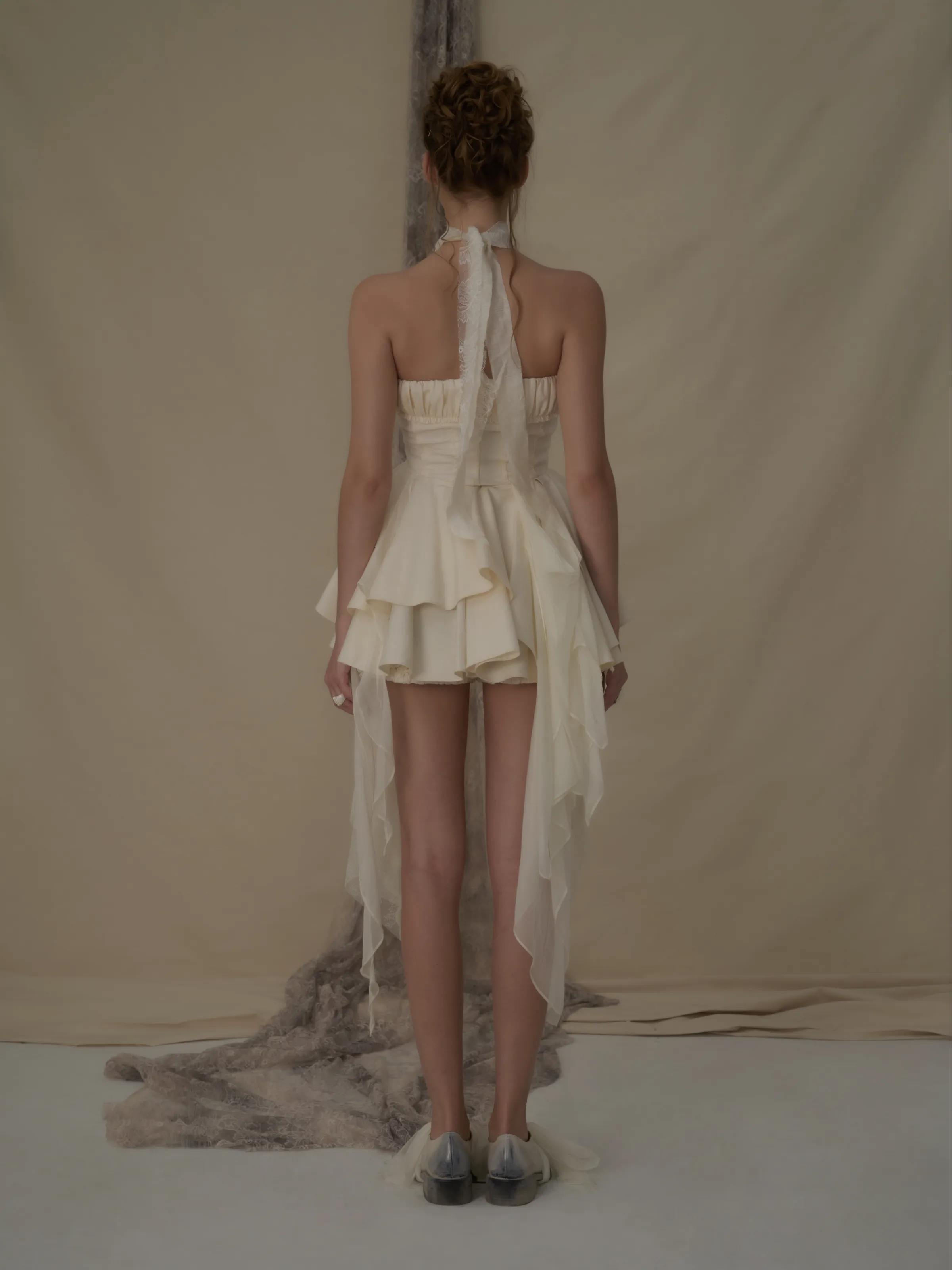 Beige Fold Pleated Strapless Short Dress