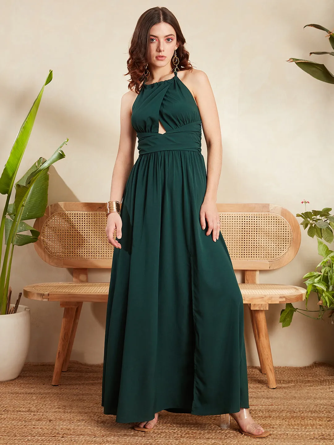 Berrylush Women Solid Green Halter Neck Front Cutout Tie-Up Backless Thigh-High Slit Straight Hem A-Line Maxi Dress
