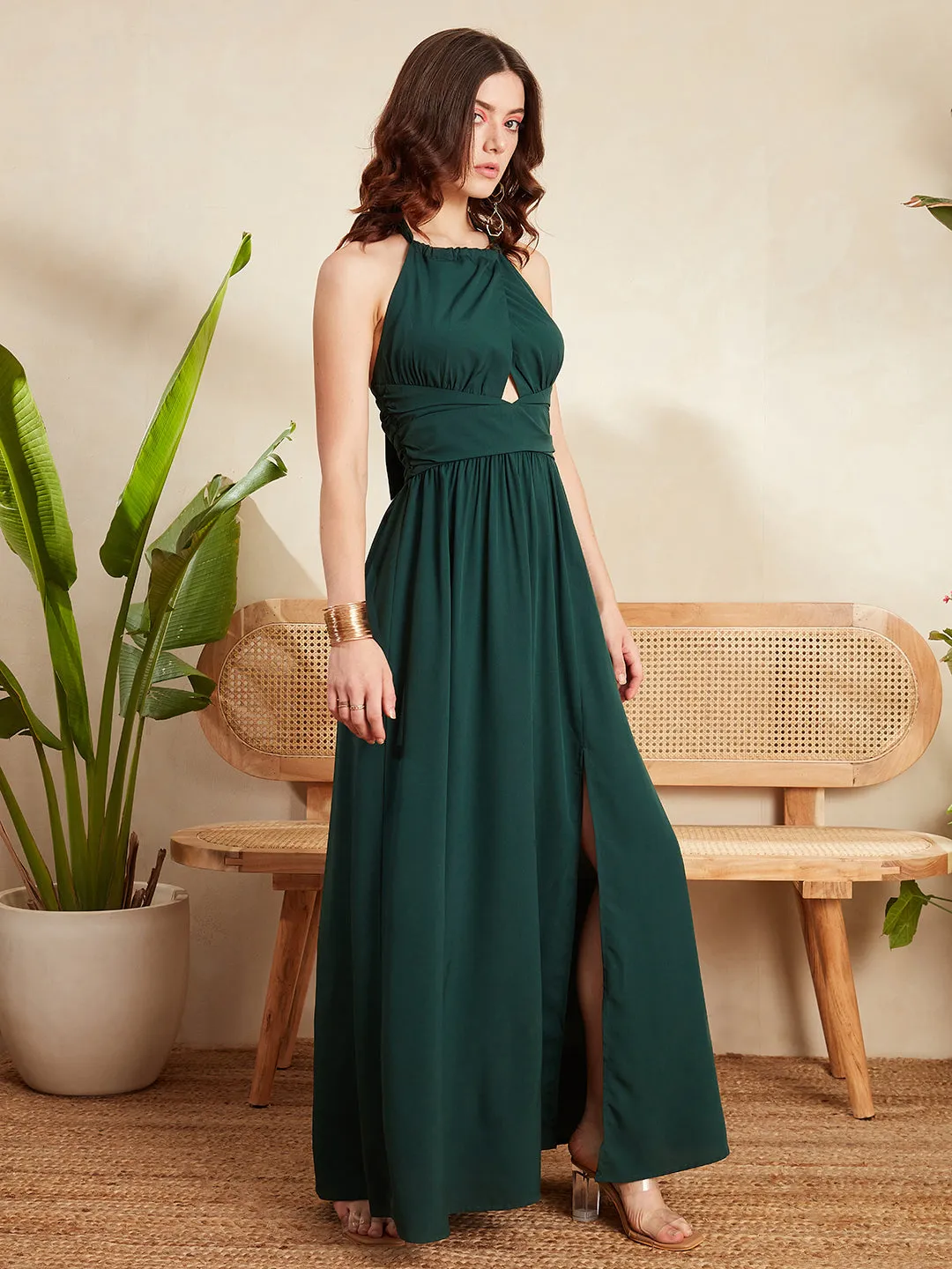 Berrylush Women Solid Green Halter Neck Front Cutout Tie-Up Backless Thigh-High Slit Straight Hem A-Line Maxi Dress