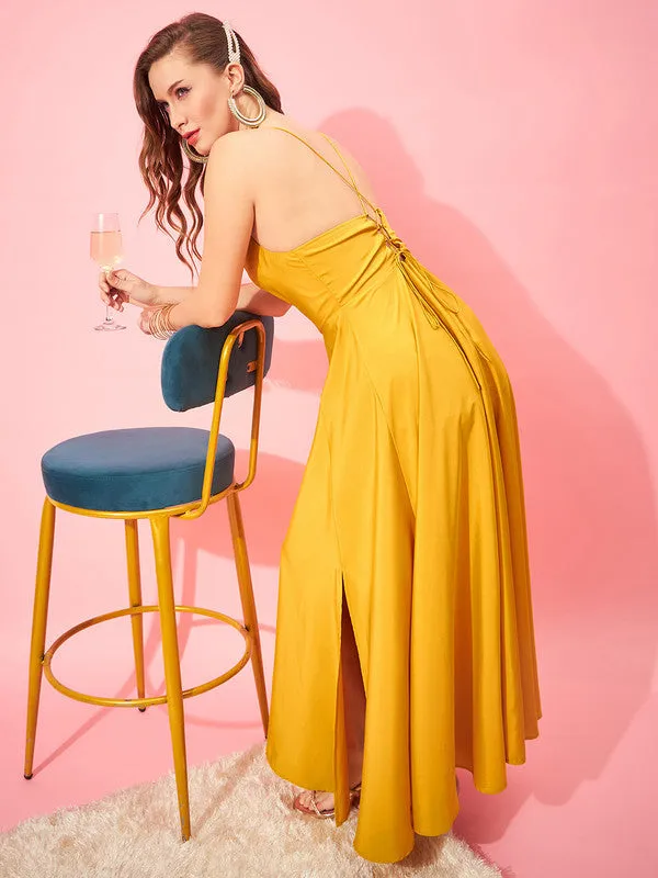 Berrylush Women Solid Yellow Cowl Neck Sleeveless Lace-Up Backless Thigh-High Slit Flared Maxi Dress