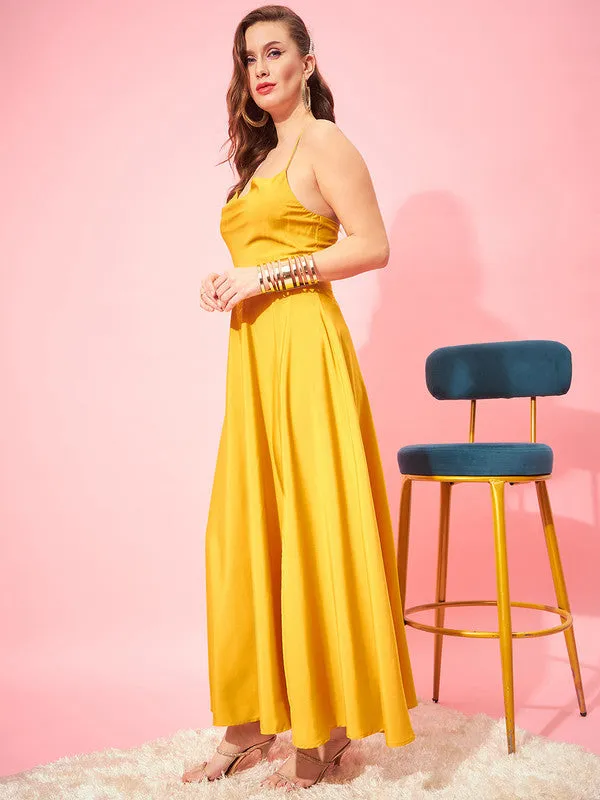 Berrylush Women Solid Yellow Cowl Neck Sleeveless Lace-Up Backless Thigh-High Slit Flared Maxi Dress