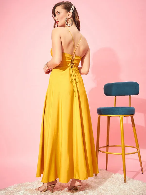 Berrylush Women Solid Yellow Cowl Neck Sleeveless Lace-Up Backless Thigh-High Slit Flared Maxi Dress