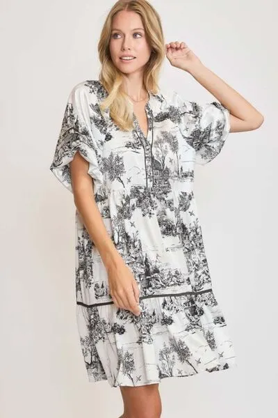 Black and White Toile Print Babydoll Dress – Oversized V-Neck Tiered Dress