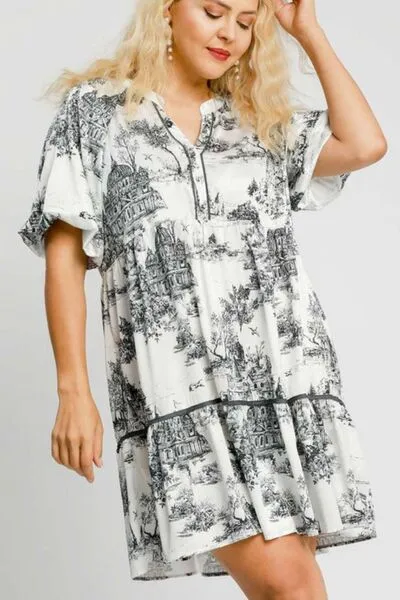Black and White Toile Print Babydoll Dress – Oversized V-Neck Tiered Dress
