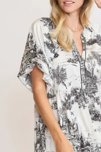 Black and White Toile Print Babydoll Dress – Oversized V-Neck Tiered Dress