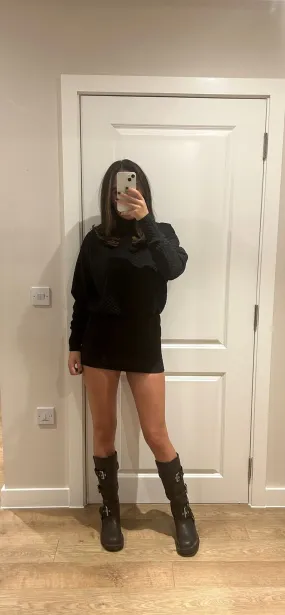Black Bubble Fabric Polar Neck Mini Dress