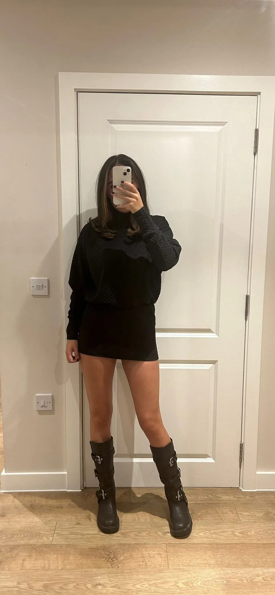 Black Bubble Fabric Polar Neck Mini Dress