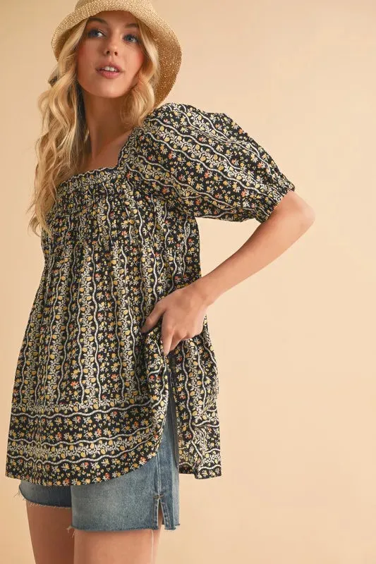 Black Floral Print Smocked Babydoll Top – Short Sleeve Cotton Blouse