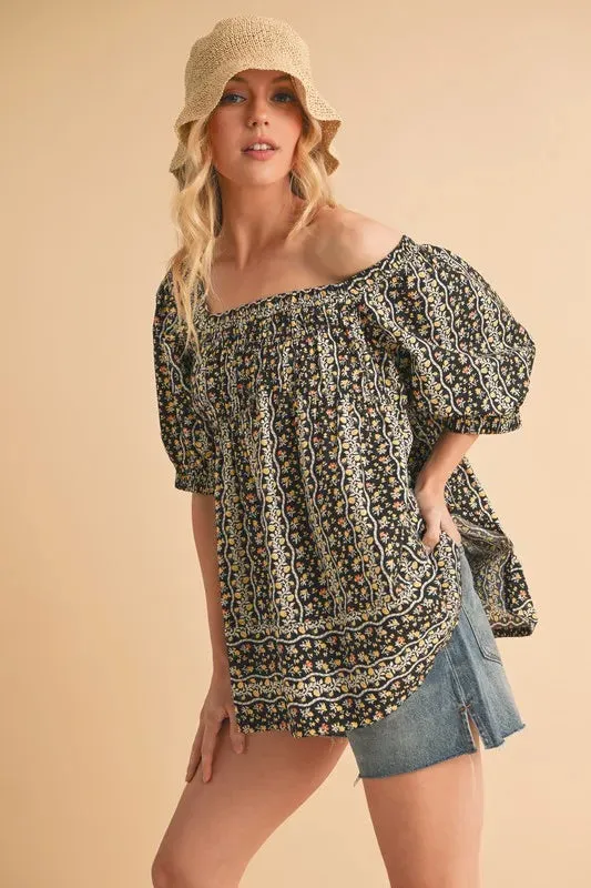 Black Floral Print Smocked Babydoll Top – Short Sleeve Cotton Blouse