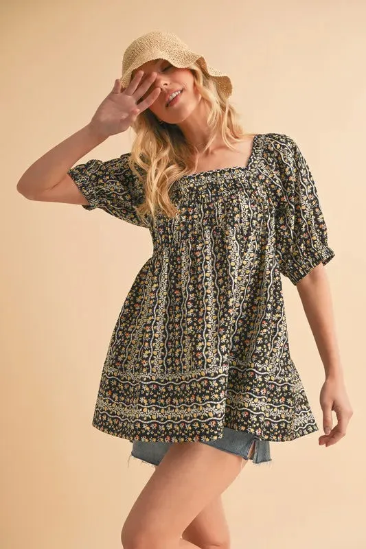 Black Floral Print Smocked Babydoll Top – Short Sleeve Cotton Blouse