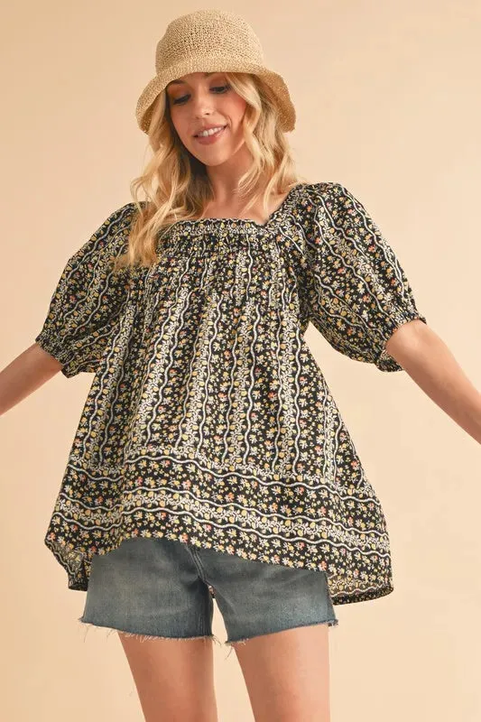 Black Floral Print Smocked Babydoll Top – Short Sleeve Cotton Blouse