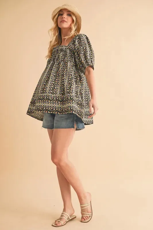 Black Floral Print Smocked Babydoll Top – Short Sleeve Cotton Blouse