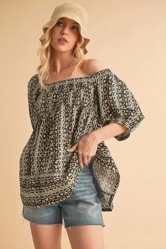 Black Floral Print Smocked Babydoll Top – Short Sleeve Cotton Blouse