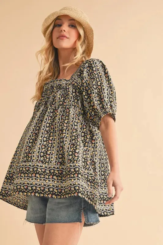 Black Floral Print Smocked Babydoll Top – Short Sleeve Cotton Blouse
