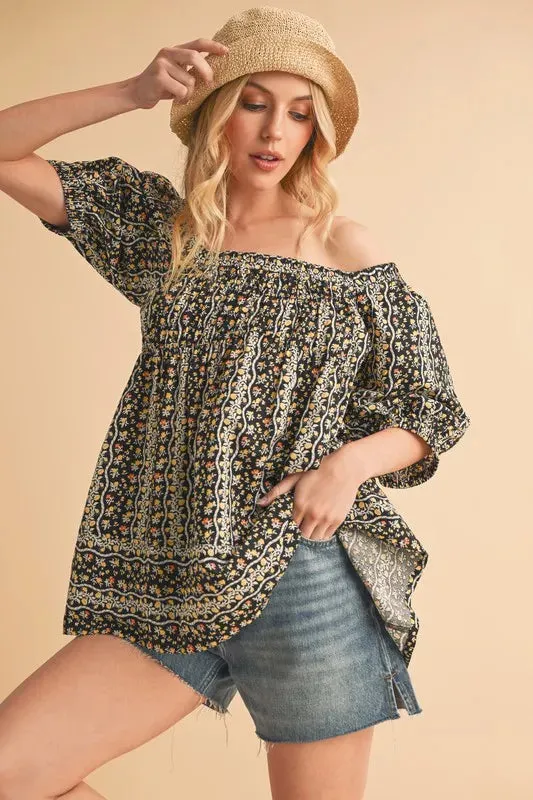 Black Floral Print Smocked Babydoll Top – Short Sleeve Cotton Blouse