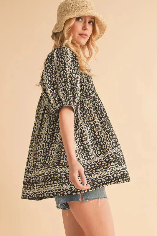 Black Floral Print Smocked Babydoll Top – Short Sleeve Cotton Blouse