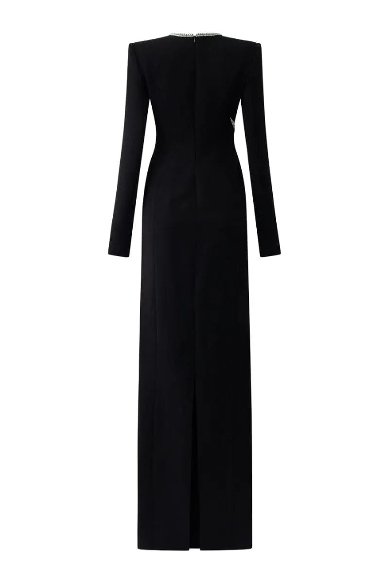 BLACK STONE ORCHID EMBELLISHED V-NECK DRESS