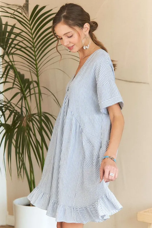 Blue Striped V-Neck Ruffled Babydoll Dress
