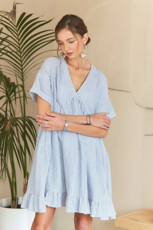 Blue Striped V-Neck Ruffled Babydoll Dress