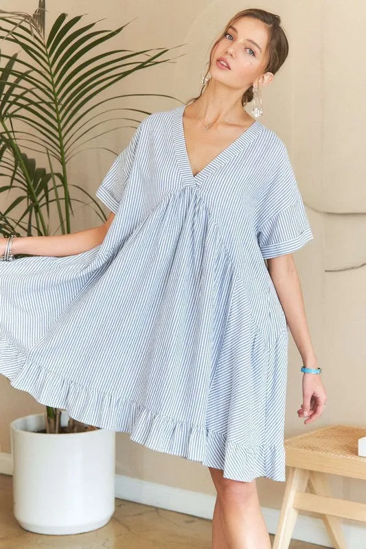 Blue Striped V-Neck Ruffled Babydoll Dress