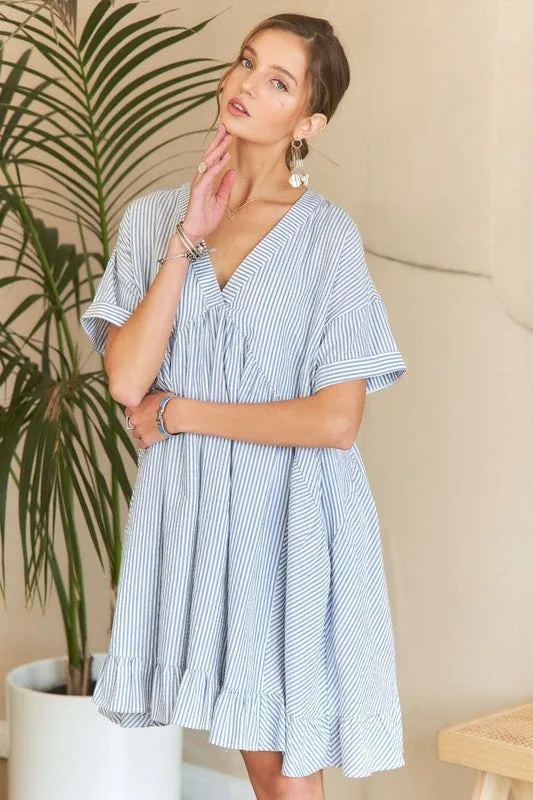 Blue Striped V-Neck Ruffled Babydoll Dress