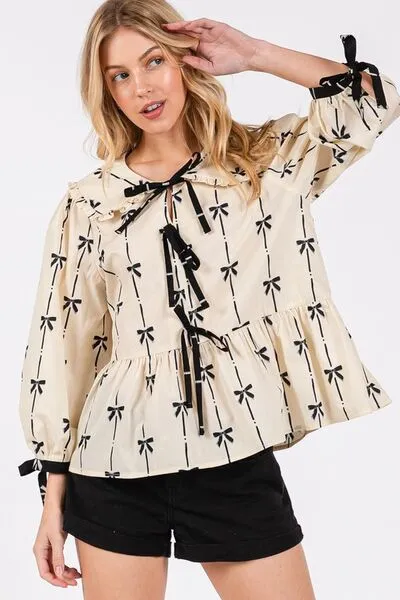Bow Print Tie-Front Babydoll Blouse