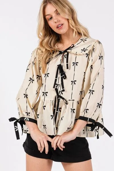 Bow Print Tie-Front Babydoll Blouse
