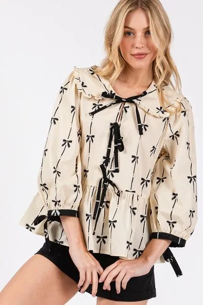 Bow Print Tie-Front Babydoll Blouse