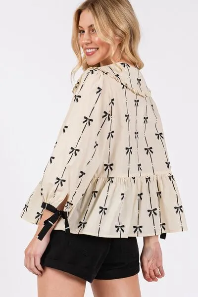 Bow Print Tie-Front Babydoll Blouse