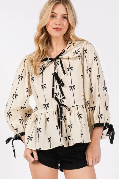 Bow Print Tie-Front Babydoll Blouse
