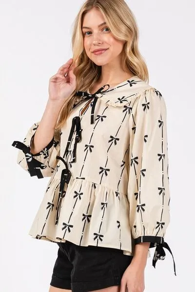 Bow Print Tie-Front Babydoll Blouse