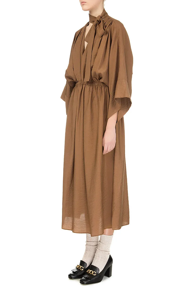 Brown Batiste Dress with Oversize Sleeves